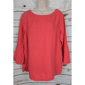 Cut Loose Red Orange 100% Linen Tunic Top L Bell Sleeves Coastal